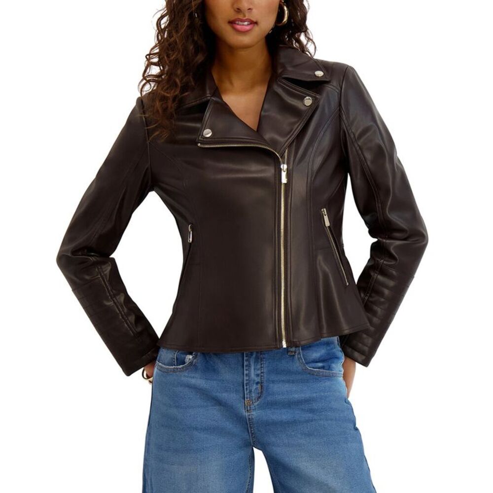Kensie Womens Peplum Moto Jacket, Brown